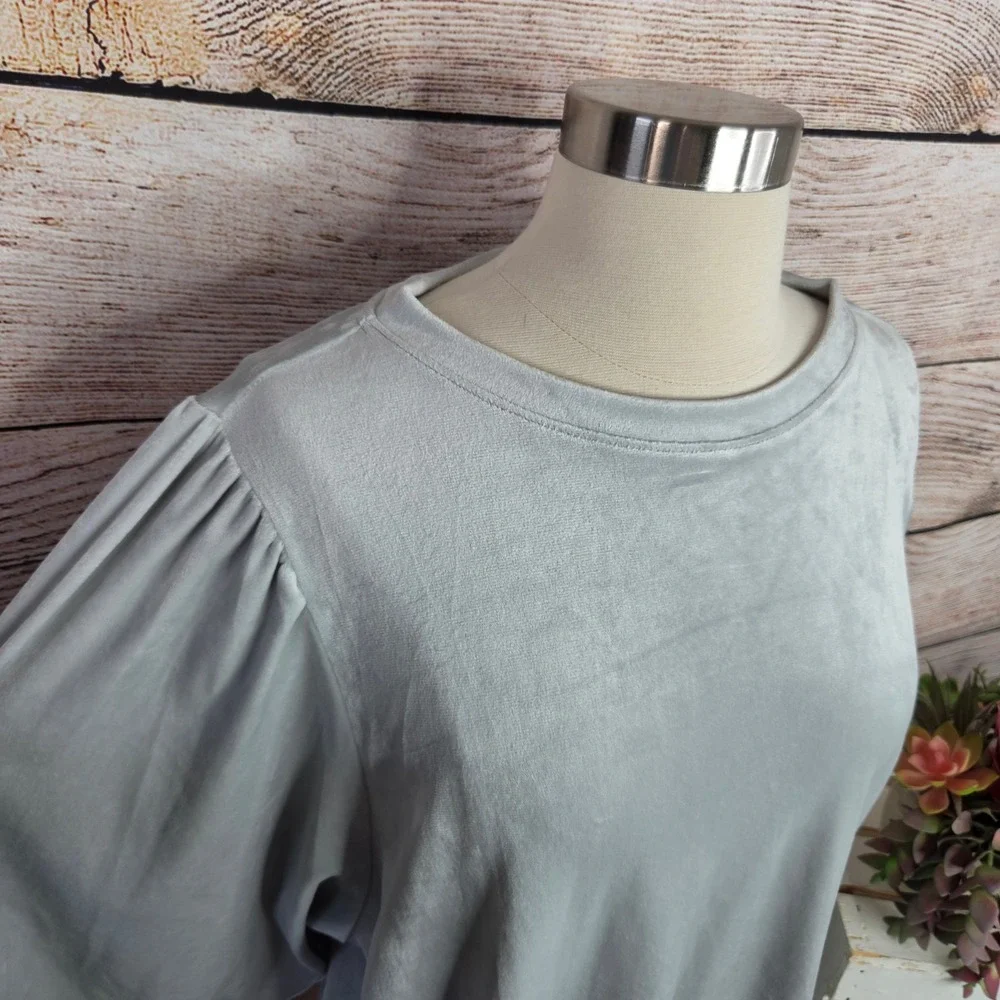 NWT‎ LOFT Womens Light Grey Velvet Puff Sleeve Top Crew Neck XL